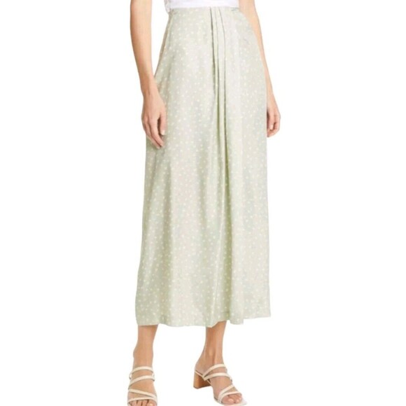 Vince Dresses & Skirts - Vince Midi Skirt Size 4 Twee Silk Blend Preppy Pleated Pale Green Stone Dot NWT